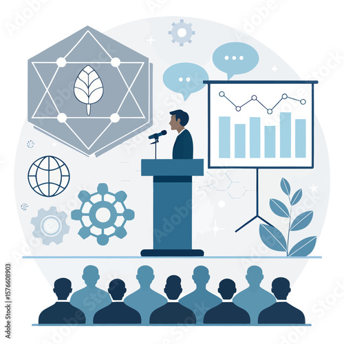 The Speaker at the Conference: A well-dressed speaker stands confidently at a podium, delivering a compelling presentation to an engaged audience.