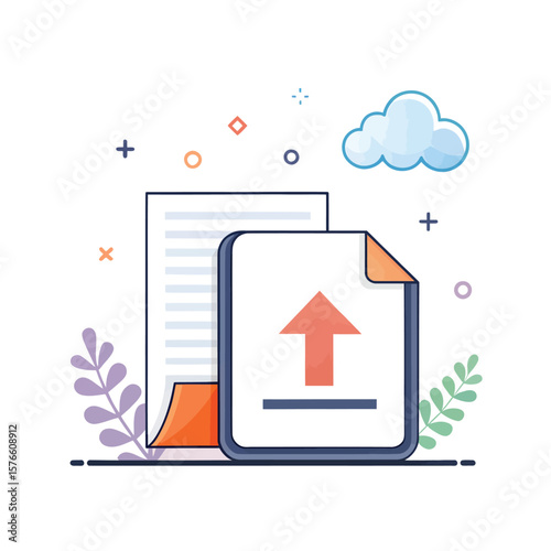 Uploading Documents to Cloud:  A vibrant illustration depicts the process of uploading documents to a cloud storage system.  The design is clean, modern, and easily understood.