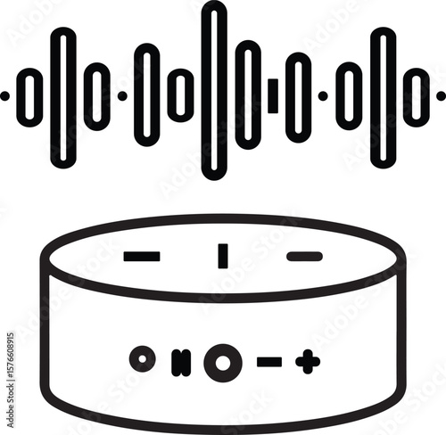 Black and white smart speaker with sound wave graphic illustration audio music