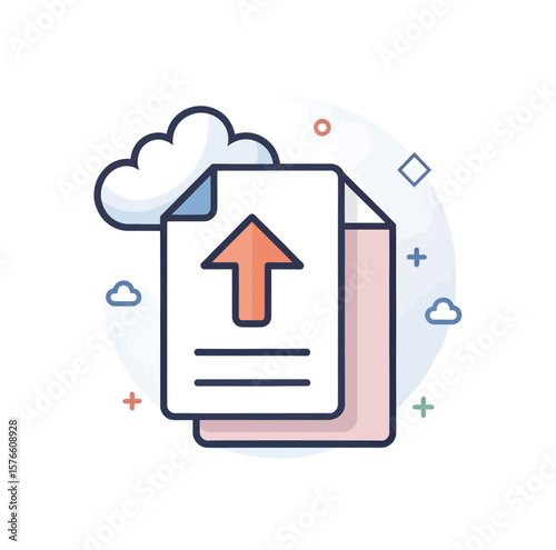 Cloud Upload: A digital illustration depicting a data upload to the cloud, symbolized by an upward arrow on document, representing data transfer and storage in a clean, modern design.