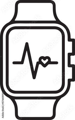 Black and white smartwatch with heart rate monitor display showing a heartbeat waveform and heart symbol