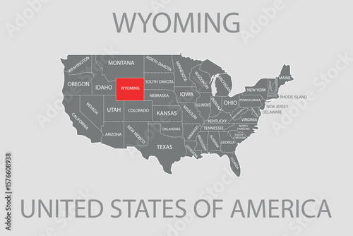 wyoming State, USA, vector map isolated on United states map. Editable blank vector map of USA.