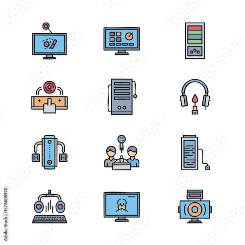 A vibrant set of flat design icons depicting audio-visual production, technology, and media. The collection includes monitors, headphones, microphones, servers, and mixers