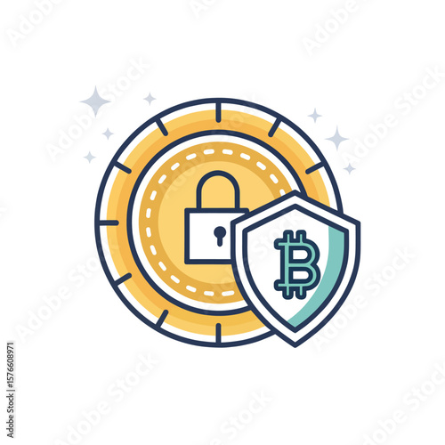 Secured Bitcoin: A vector art of a digital coin protected by a shield with a bitcoin symbol and a padlock in the center, representing secure cryptocurrency transactions.
