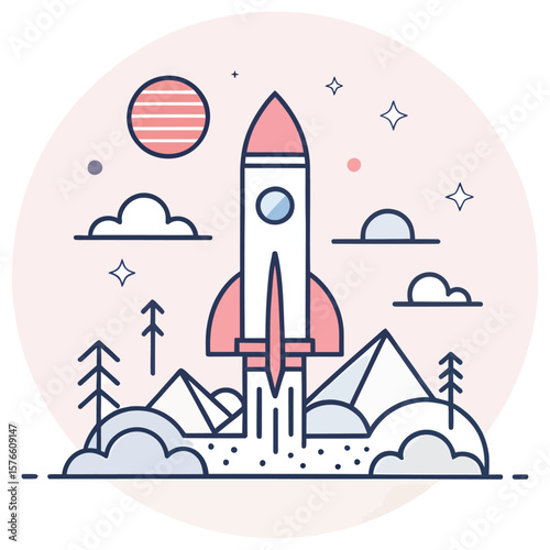 Rocket Launch into the Cosmos: A whimsical illustration depicting a rocket soaring into space against a backdrop of celestial bodies, mountains, and clouds, evoking a sense of wonder and adventure.