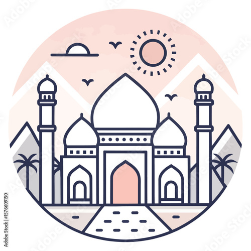 Iconic Landmark: A meticulously crafted graphic illustration of a renowned architectural marvel, capturing the grandeur and artistry of the structure with precise line work and a soft pastel palette.