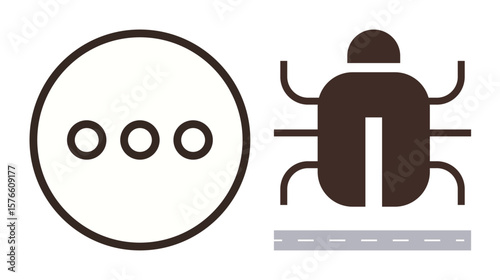 Circular design with three dots and outlined bug on road-thumbs up path. Ideal for technology, programming, debugging concepts, software security, development, coding errors, tech problem-solving