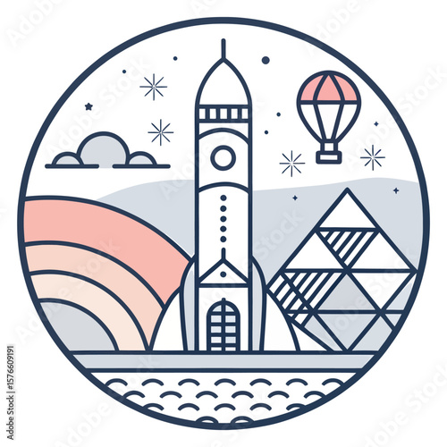Cosmic Journey: A whimsical illustration depicts a rocket preparing for liftoff, flanked by iconic symbols such as a hot air balloon, pyramid and rainbow.