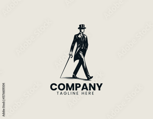 Elegant Gentleman Striding Top Hat Classic Sophistication Vector Logo Design