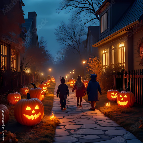A Halloween night street scene with carved glowing pumpkins, spooky yard decorations, and children in costumes trick-or-treating