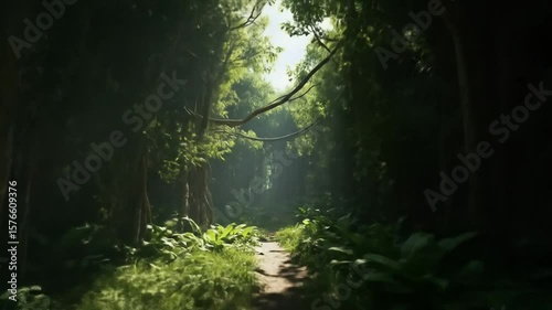 Sunlit Path Through Lush Jungle Forest