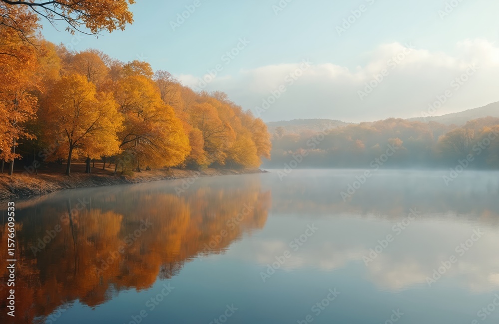 Fototapeta premium Golden autumn trees border tranquil lake, reflecting on still water. Crisp morning mist. Serene natural landscape, vibrant foliage, peaceful atmosphere, rural idyll.