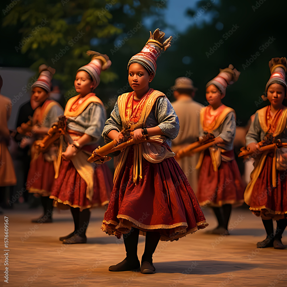 Naklejka premium A traditional dance performance at a village cultural night with performers in colorful ethnic costumes and wooden instruments
