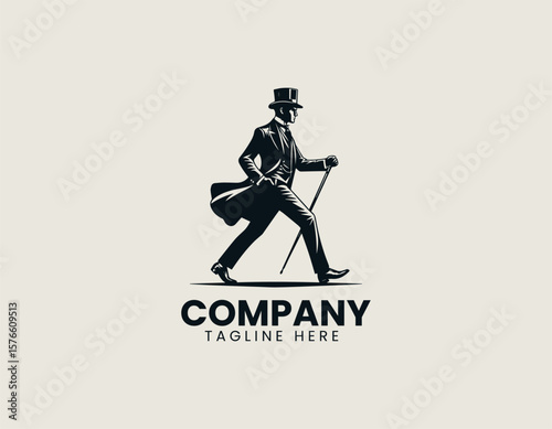 Elegant Gentleman Striding Top Hat Classic Sophistication Vector Logo Design