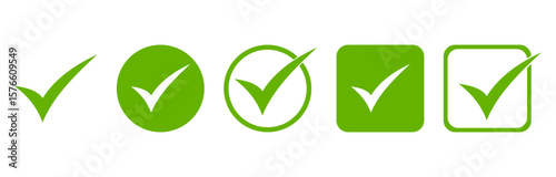 Check or tick icons. Icon set checkmark. circle checkmark, circle frame checkmark, symbol box checkmark, square frame box checkmark