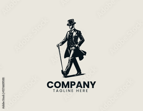 Elegant Gentleman Striding Top Hat Classic Sophistication Vector Logo Design