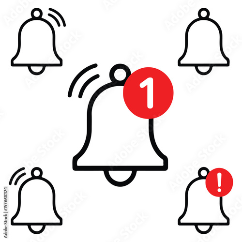 Collection of simple outline bell icons with notification badges indicating new alerts and urgent messages on a white background