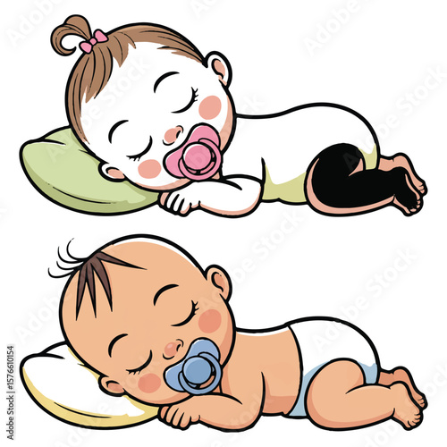 Two adorable cartoon babies one with a pink bow and pacifier the other with a blue pacifier sleeping peacefully on pillows