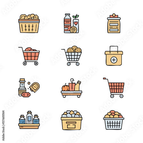 Collection of vector line icons showcasing grocery shopping and healthcare supplies