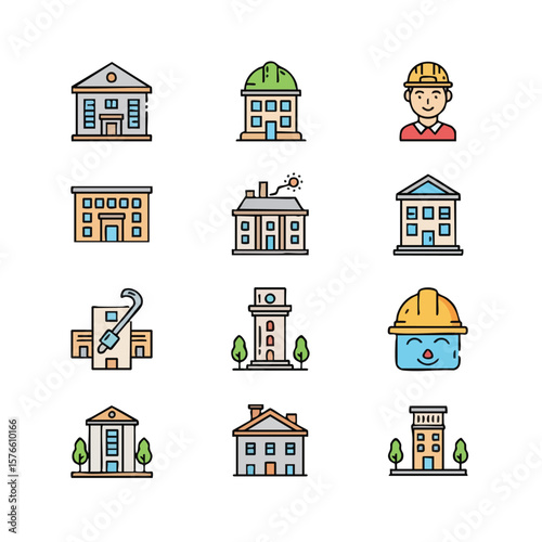 Collection of vector outline icons buildings. These colorful line style icons depict structures such as homes, offices, and an electrical building