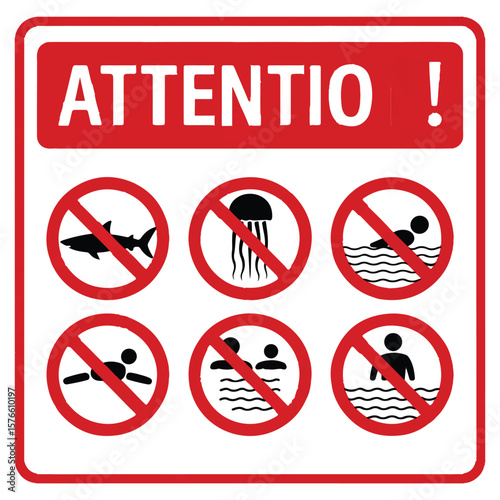 Attention sign with prohibition symbols indicating no swimming due to sharks jellyfish and dangerous water conditions for individuals and groups