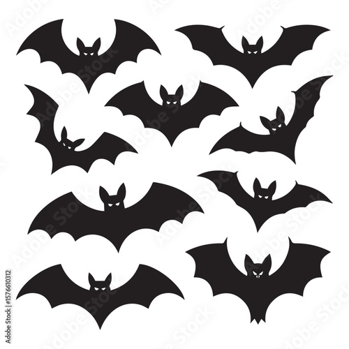 A collection of nine black silhouette bats with glowing white eyes scattered across a white background creating a spooky halloween theme