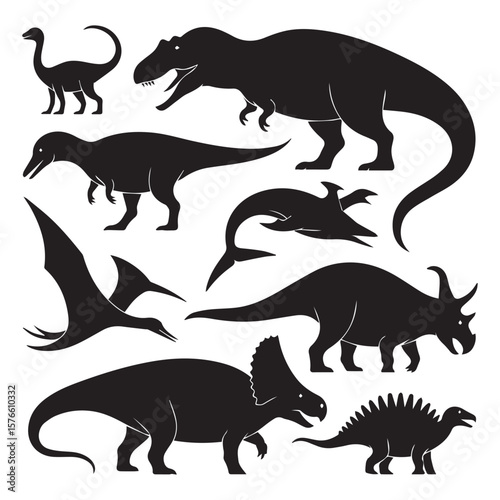 Collection of black silhouettes of various prehistoric dinosaurs and a pterodactyl flying against a white background