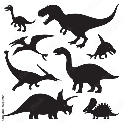 Collection of black silhouette dinosaur illustrations including tyrannosaurus rex triceratops brachiosaurus pterodactyl and other prehistoric creatures on a white background