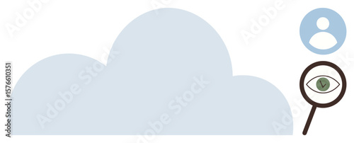 Large cloud icon with a user profile and magnifying glass highlighting an eye. Ideal for data storage, user security, privacy, analytics, cloud computing, identification, simple flat metaphor