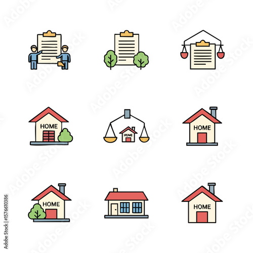 Colorful flat line icons represent real estate and home ownership concepts. Includes property transactions, legal agreements, residential dwellings, and fair housing valuations