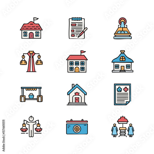 Colorful vector icons of various buildings, legal scales, documents, and other related objects. This illustration represents law, real estate, medicine, finance, and everyday life