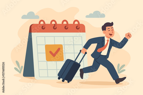 Annual leave, day off or vacation to rest and relax. Time or schedule reminder. Happy businessman running with luggage from work. Approved holiday. Work life balance concept.