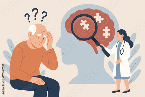 Amnesia, memory loss, dementia, and Alzheimer's disease concept. Doctor with magnifying glass examines brain puzzle. Mental illness, thinking disorder, psychology vector.