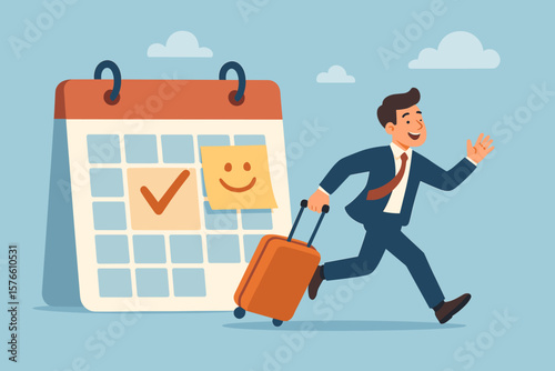 Happy businessman running with luggage for annual leave vacation. Employee holiday trip concept. Calendar schedule for day off. Time to rest, relax. Work life balance.