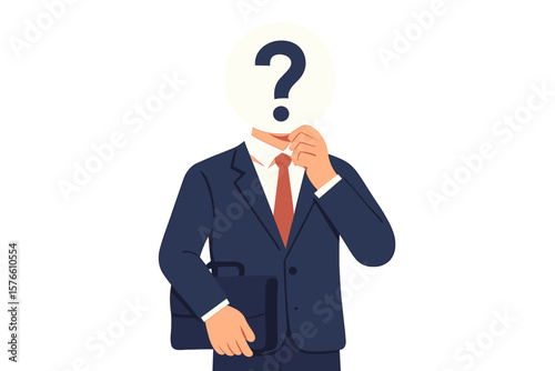 Anonymous businessman with a question mark instead of a face. Concept for recruitment, hiring, and headhunting. Unknown candidate for a job vacancy. Anonymity, hidden identity.