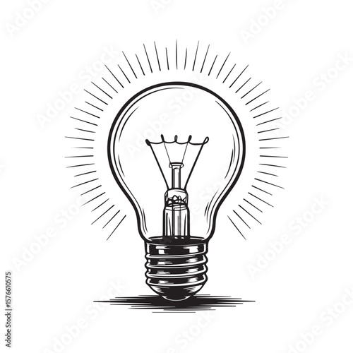A classic incandescent light bulb with a filament glowing brightly radiating lines of light against a clean white background symbolizing innovation and ideas
