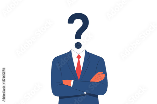 Anonymous businessman with question mark instead of head. Concept of hidden person, unknown identity, employee search, HR, recruitment. Who is this man? Candidate choice vector.