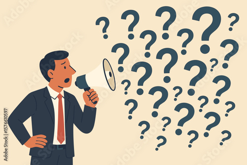 Businessman with a megaphone asking many questions. Concept for problem-solving, seeking answers, curiosity, and support. Q&A, FAQ, request explanation for business issue.
