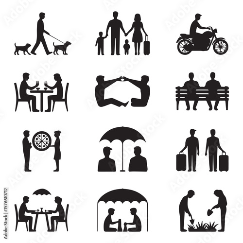 Collection of black silhouette icons depicting various human activities and relationships including family dining travel and outdoor recreation on a white background