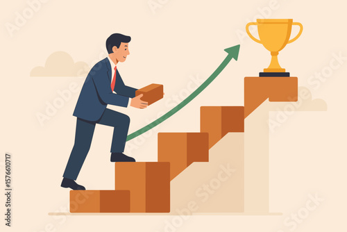 Businessman builds ladder of success. Career path and job achievement concept. Man climbs stairs to reach a goal and trophy. Growth, progress, and overcoming challenges metaphor.
