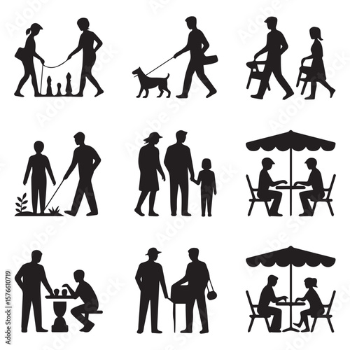 Collection of black silhouette icons depicting various human activities and interactions including walking dogs families couples and people dining outdoors under umbrellas