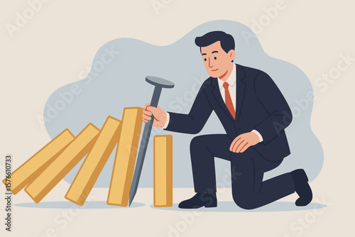 Business continuity, crisis management concept. Risk and disaster prevention strategy. Proactive protection. Businessman stopping falling domino effect. Problem solution.