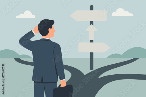 Business decision making concept. Career path choice and work direction dilemma. Leadership, opportunity, and strategy for success. Confused businessman at a crossroads.