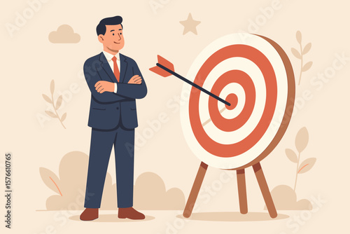 Business objective and target goal concept. Confident businessman celebrating success. Aspiration, motivation and resolution to achieve. Arrow in bullseye. Mission accomplished.
