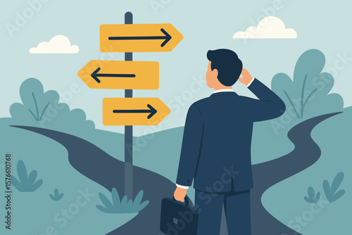 Business decision making concept. Career path and work direction choice. Businessman at crossroads choosing right way. Confused manager, leadership, strategy and success.