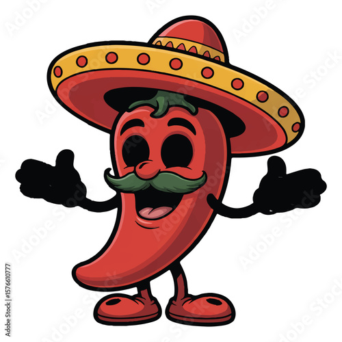 A cheerful cartoon red chili pepper character wearing a traditional sombrero and a mustache with its arms spread wide in a welcoming gesture