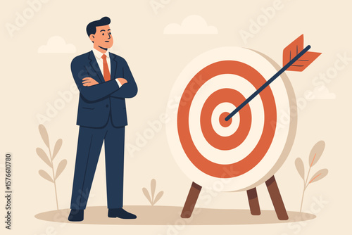 Business objective and purpose. Target goal for success. Aspiration and motivation to achieve. Confident businessman with arrow in bullseye. Marketing strategy and resolution.
