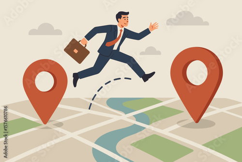 Business relocation and new office location concept. Businessman with briefcase jumping from one map pin to another. Metaphor for moving, new address, company transfer.