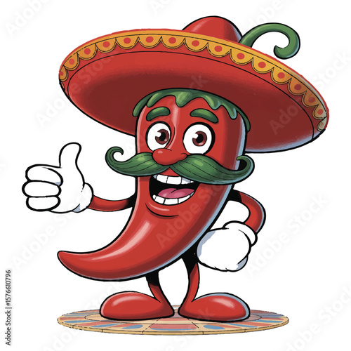 A cheerful cartoon chili pepper wearing a red sombrero and a green mustache gives a thumbs up gesture with a happy expression