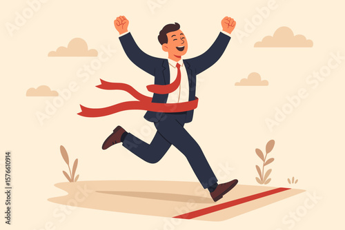 Businessman crossing finish line, celebrating victory. Concept for business success, career achievement, winning competition, motivation, leadership, and reaching goals.